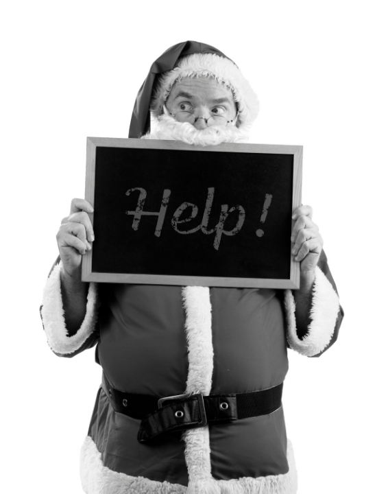Santa holding a help sign